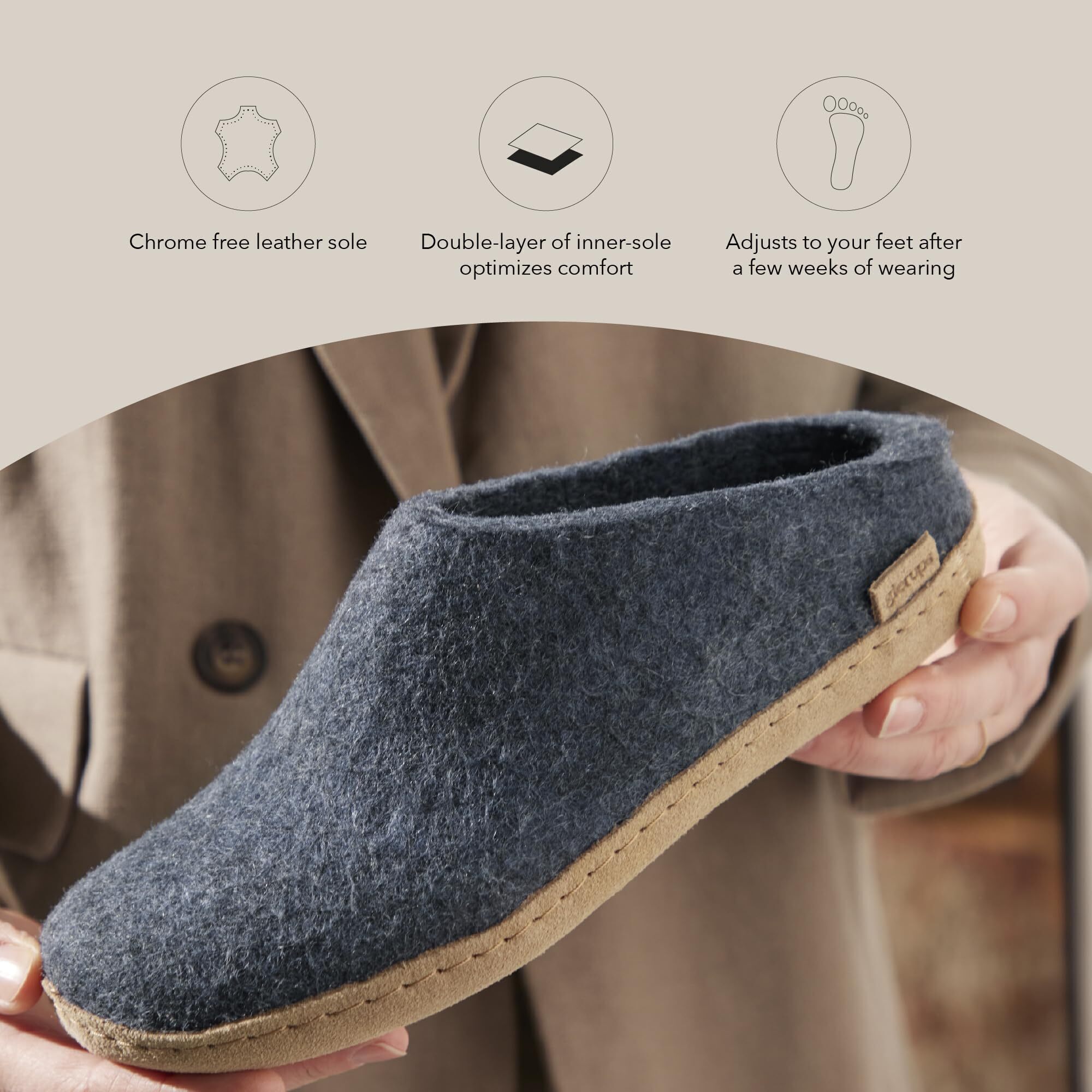 Glerups 100% Quality Wool Mix Slipper With Leather Sole - Unisex Slip-On - Denim — image 4 of 5